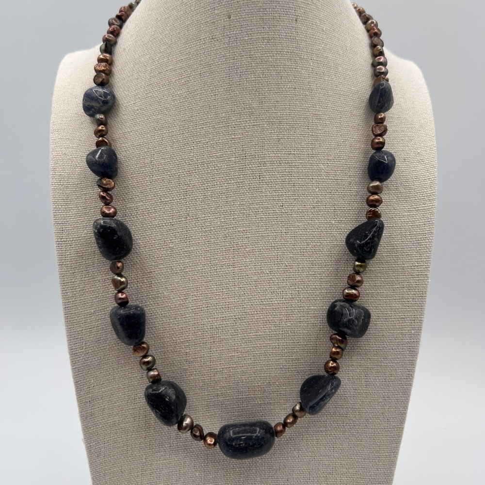 Sodalite and Copper Beaded Statement Necklace Navy Blue Boho Single Strand 20"